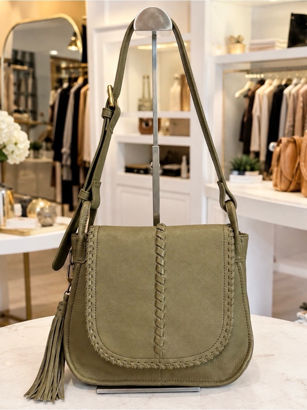 HOBO Brio Olive Leather Whipstitched Tassel Crossbody Bag